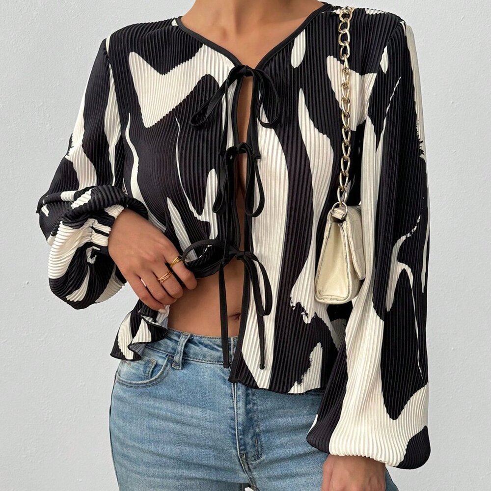 Apricot Casual Women's Pleated Floral Print Loose Front Tie Long Sleeve Shirt
